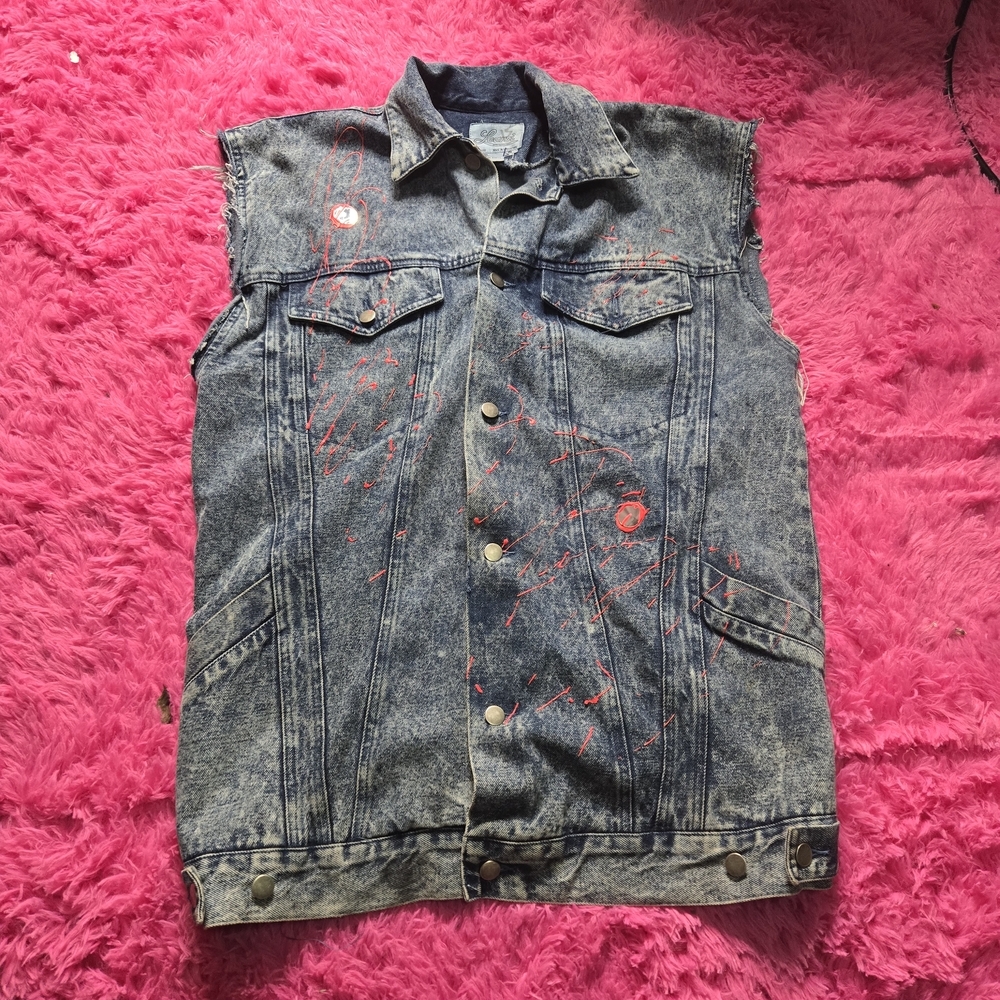 LEARSI‎ VINTAGE Men's Graphic Denim Vest with Red Design